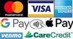 We accept Visa, MasterCard, American Express, Apple Pay, Google Pay, Samsung Pay, CareCredit and even Zelle or Venmo!